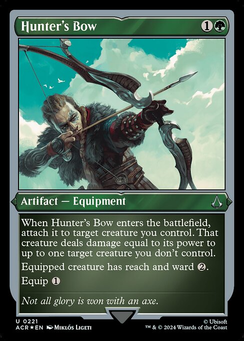 When Hunter's Bow enters the battlefield, attach it to target creature you control. That creature deals damage equal to its power to up to one target creature you don't control.
Equipped creature has reach and ward {2}.
Equip {1}