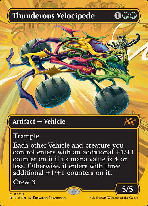 Trample
Each other Vehicle and creature you control enters with an additional +1/+1 counter on it if its mana value is 4 or less. Otherwise, it enters with three additional +1/+1 counters on it.
Crew 3