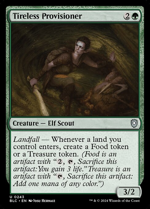 Landfall — Whenever a land enters the battlefield under your control, create a Food token or a Treasure token. (Food is an artifact with "{2}, {T}, Sacrifice this artifact: You gain 3 life." Treasure is an artifact with "{T}, Sacrifice this artifact: Add one mana of any color.")