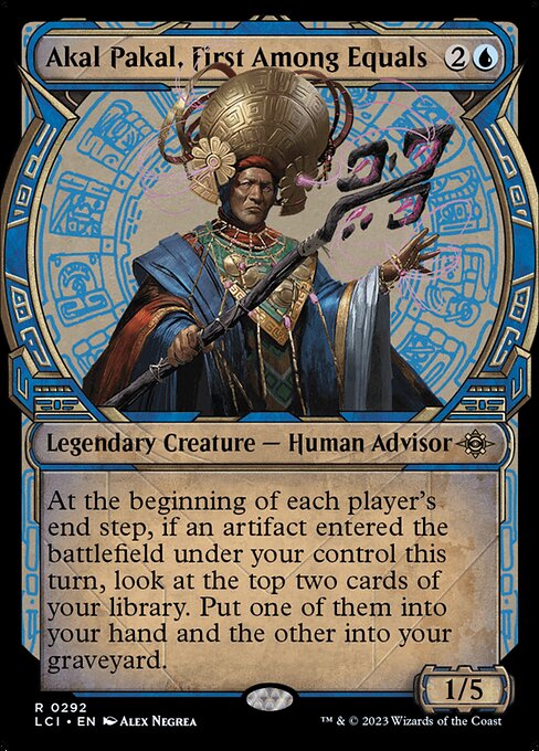 At the beginning of each player's end step, if an artifact entered the battlefield under your control this turn, look at the top two cards of your library. Put one of them into your hand and the other into your graveyard.