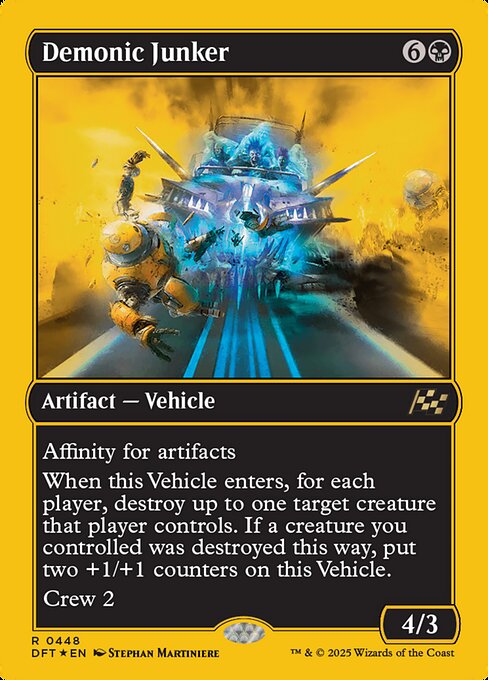 Affinity for artifacts (This spell costs {1} less to cast for each artifact you control.)
When this Vehicle enters, for each player, destroy up to one target creature that player controls. If a creature you controlled was destroyed this way, put two +1/+1 counters on this Vehicle.
Crew 2
