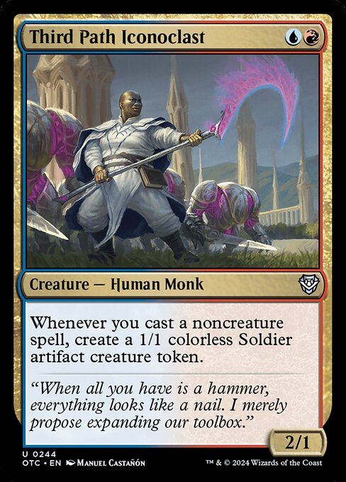 Whenever you cast a noncreature spell, create a 1/1 colorless Soldier artifact creature token.