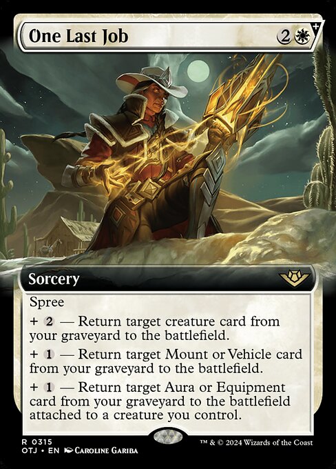 Spree (Choose one or more additional costs.)
+ {2} — Return target creature card from your graveyard to the battlefield.
+ {1} — Return target Mount or Vehicle card from your graveyard to the battlefield.
+ {1} — Return target Aura or Equipment card from your graveyard to the battlefield attached to a creature you control.