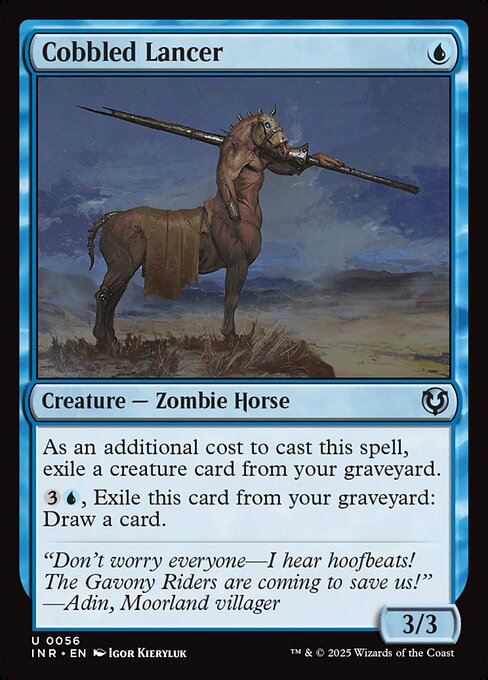 As an additional cost to cast this spell, exile a creature card from your graveyard.
{3}{U}, Exile Cobbled Lancer from your graveyard: Draw a card.