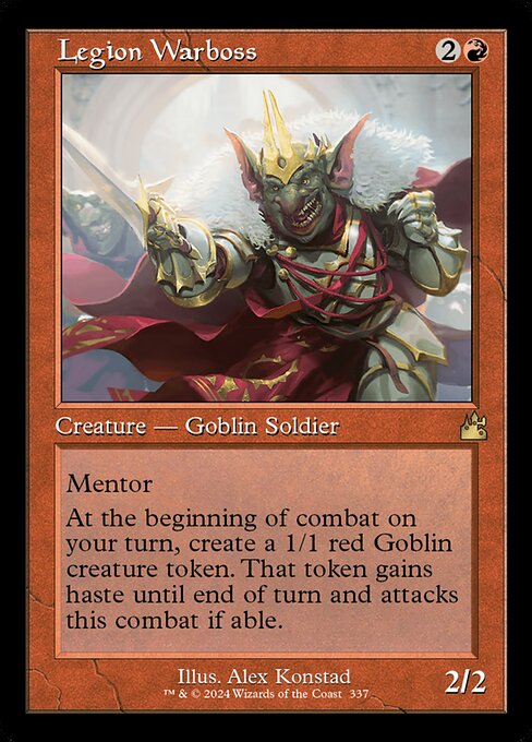 Mentor (Whenever this creature attacks, put a +1/+1 counter on target attacking creature with lesser power.)
At the beginning of combat on your turn, create a 1/1 red Goblin creature token. That token gains haste until end of turn and attacks this combat if able.