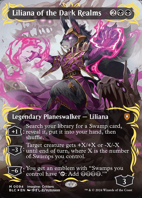 '+1: Search your library for a Swamp card, reveal it, put it into your hand, then shuffle.
−3: Target creature gets +X/+X or -X/-X until end of turn, where X is the number of Swamps you control.
−6: You get an emblem with "Swamps you control have '{T}: Add {B}{B}{B}{B}.'"