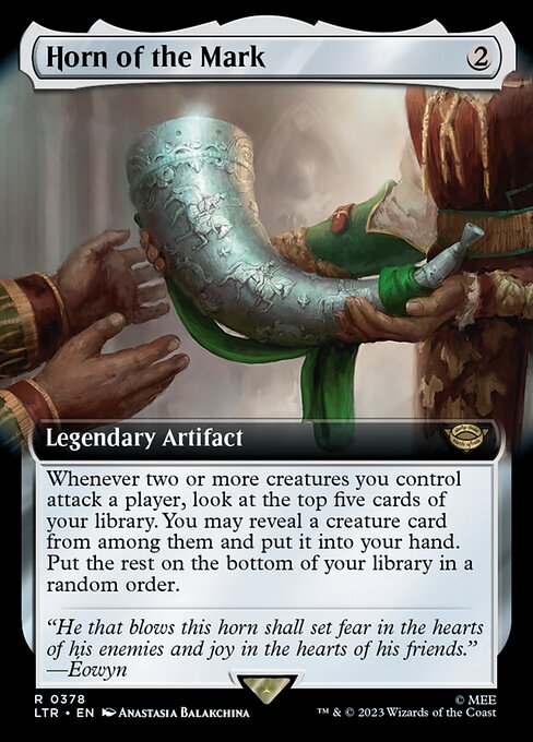 Whenever two or more creatures you control attack a player, look at the top five cards of your library. You may reveal a creature card from among them and put it into your hand. Put the rest on the bottom of your library in a random order.