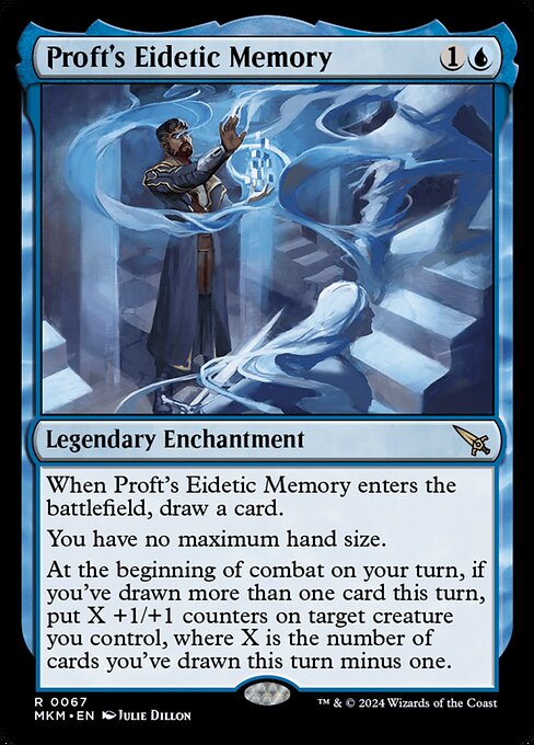 When Proft's Eidetic Memory enters the battlefield, draw a card.
You have no maximum hand size.
At the beginning of combat on your turn, if you've drawn more than one card this turn, put X +1/+1 counters on target creature you control, where X is the number of cards you've drawn this turn minus one.