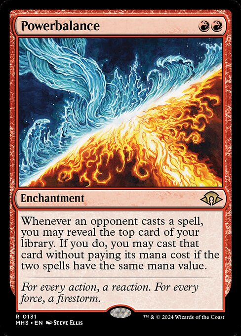 Whenever an opponent casts a spell, you may reveal the top card of your library. If you do, you may cast that card without paying its mana cost if the two spells have the same mana value.