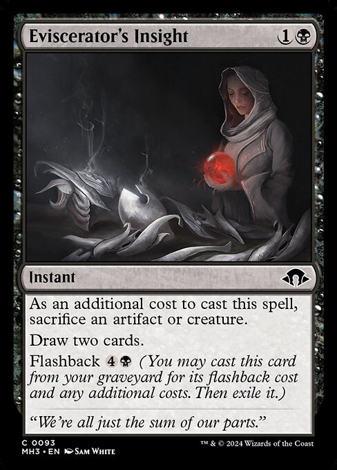 As an additional cost to cast this spell, sacrifice an artifact or creature.
Draw two cards.
Flashback {4}{B} (You may cast this card from your graveyard for its flashback cost and any additional costs. Then exile it.)