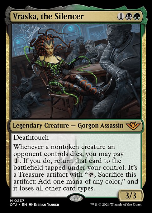 Deathtouch
Whenever a nontoken creature an opponent controls dies, you may pay {1}. If you do, return that card to the battlefield tapped under your control. It's a Treasure artifact with "{T}, Sacrifice this artifact: Add one mana of any color," and it loses all other card types.