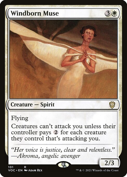 Flying
Creatures can't attack you unless their controller pays {2} for each creature they control that's attacking you.