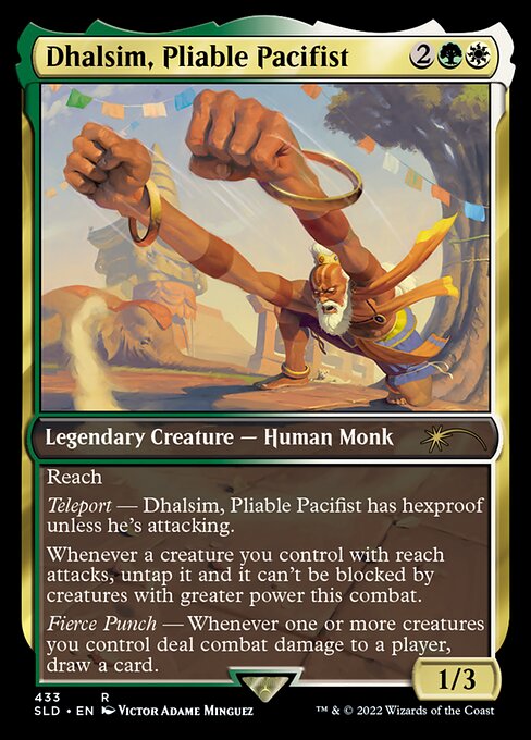 Reach
Tadeas has hexproof unless it's attacking.
Whenever a creature you control with reach attacks, untap it and it can't be blocked by creatures with greater power this combat.
Whenever one or more creatures you control deal combat damage to a player, draw a card.
