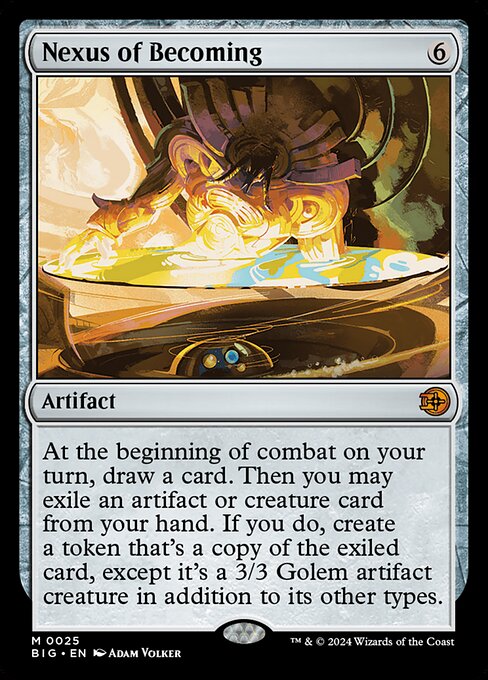 At the beginning of combat on your turn, draw a card. Then you may exile an artifact or creature card from your hand. If you do, create a token that's a copy of the exiled card, except it's a 3/3 Golem artifact creature in addition to its other types.