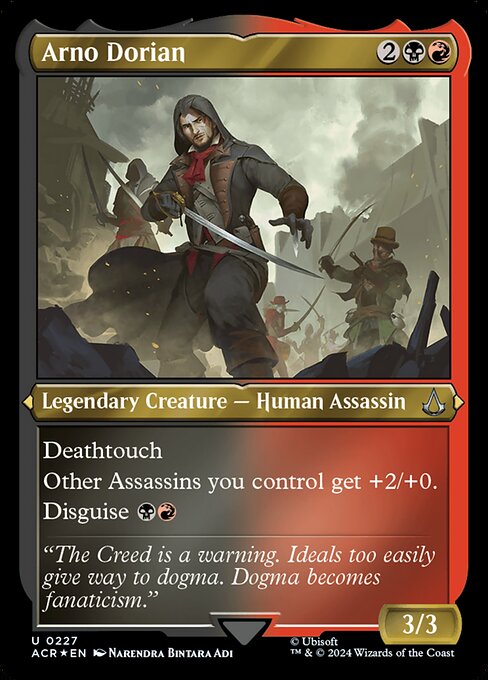 Deathtouch
Other Assassins you control get +2/+0.
Disguise {B}{R} (You may cast this card face down for {3} as a 2/2 creature with ward {2}. Turn it face up any time for its disguise cost.)