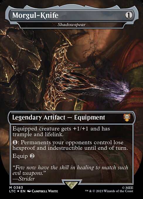 Equipped creature gets +1/+1 and has trample and lifelink.
{1}: Permanents your opponents control lose hexproof and indestructible until end of turn.
Equip {2}