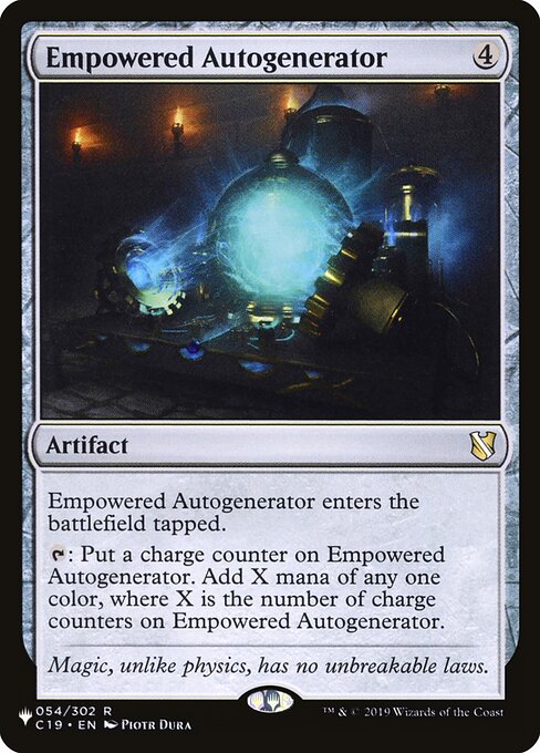 Empowered Autogenerator enters tapped.
{T}: Put a charge counter on Empowered Autogenerator. Add X mana of any one color, where X is the number of charge counters on Empowered Autogenerator.