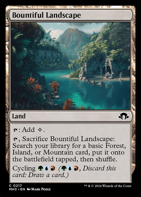 {T}: Add {C}.
{T}, Sacrifice Bountiful Landscape: Search your library for a basic Forest, Island, or Mountain card, put it onto the battlefield tapped, then shuffle.
Cycling {G}{U}{R} ({G}{U}{R}, Discard this card: Draw a card.)