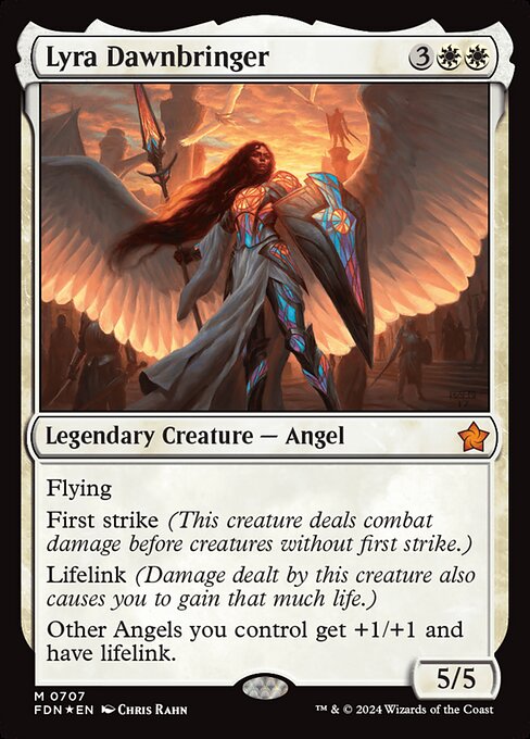 Flying
First strike (This creature deals combat damage before creatures without first strike.)
Lifelink (Damage dealt by this creature also causes you to gain that much life.)
Other Angels you control get +1/+1 and have lifelink.