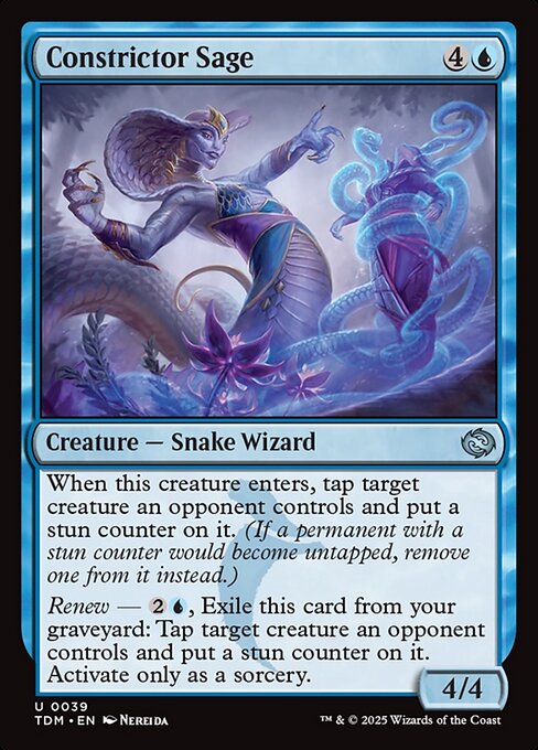 When this creature enters, tap target creature an opponent controls and put a stun counter on it. (If a permanent with a stun counter would become untapped, remove one from it instead.)
Renew — {2}{U}, Exile this card from your graveyard: Tap target creature an opponent controls and put a stun counter on it. Activate only as a sorcery.