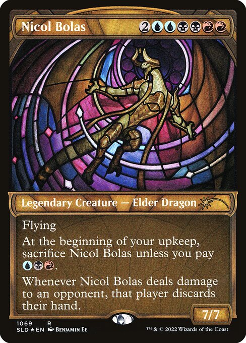 Flying
At the beginning of your upkeep, sacrifice Nicol Bolas unless you pay {U}{B}{R}.
Whenever Nicol Bolas deals damage to an opponent, that player discards their hand.
