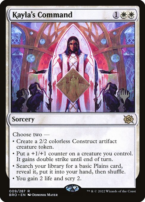 Choose two —
• Create a 2/2 colorless Construct artifact creature token.
• Put a +1/+1 counter on a creature you control. It gains double strike until end of turn.
• Search your library for a basic Plains card, reveal it, put it into your hand, then shuffle.
• You gain 2 life and scry 2.