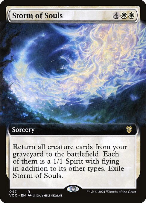 Return all creature cards from your graveyard to the battlefield. Each of them is a 1/1 Spirit with flying in addition to its other types. Exile Storm of Souls.