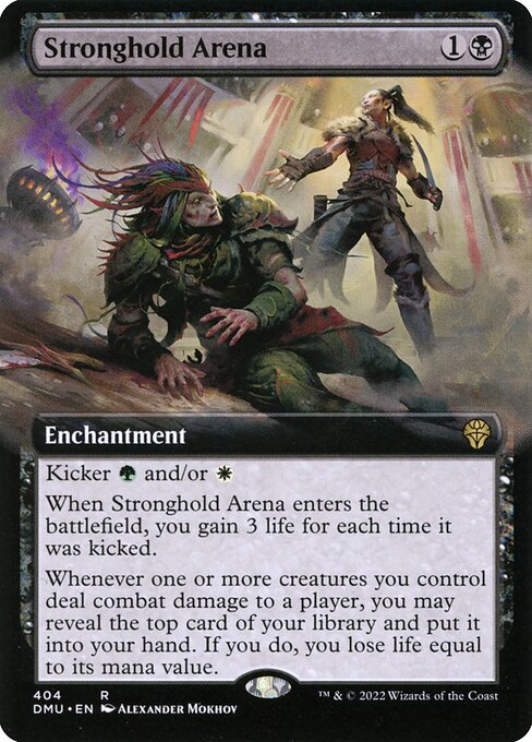 Kicker {G} and/or {W} (You may pay an additional {G} and/or {W} as you cast this spell.)
When Stronghold Arena enters the battlefield, you gain 3 life for each time it was kicked.
Whenever one or more creatures you control deal combat damage to a player, you may reveal the top card of your library and put it into your hand. If you do, you lose life equal to its mana value.
