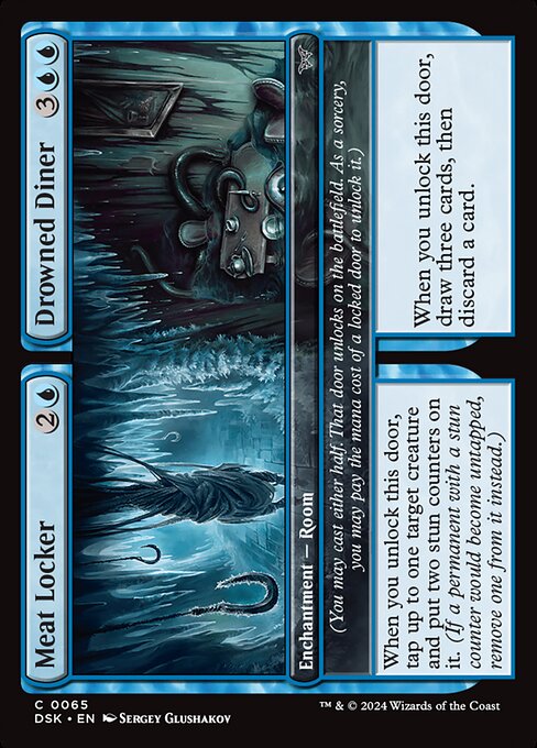 When you unlock this door, tap up to one target creature and put two stun counters on it. (If a permanent with a stun counter would become untapped, remove one from it instead.)
(You may cast either half. That door unlocks on the battlefield. As a sorcery, you may pay the mana cost of a locked door to unlock it.) When you unlock this door, draw three cards, then discard a card.
(You may cast either half. That door unlocks on the battlefield. As a sorcery, you may pay the mana cost of a locked