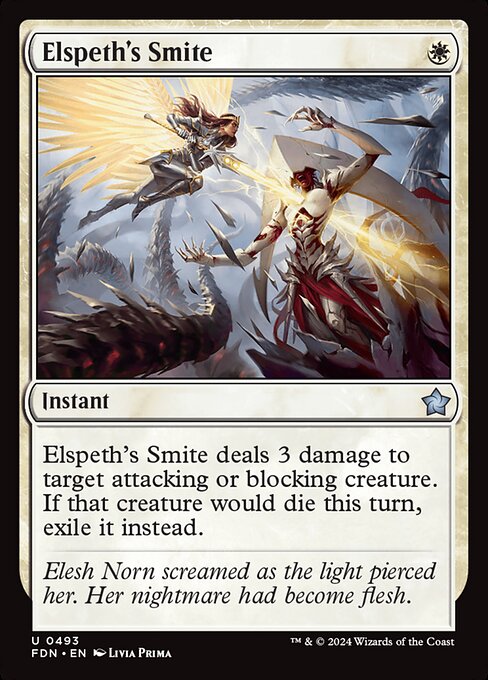 Elspeth's Smite deals 3 damage to target attacking or blocking creature. If that creature would die this turn, exile it instead.