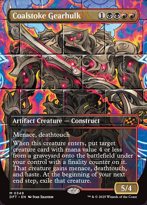 Menace, deathtouch
When this creature enters, put target creature card with mana value 4 or less from a graveyard onto the battlefield under your control with a finality counter on it. That creature gains menace, deathtouch, and haste. At the beginnning of your next end step, exile that creature.