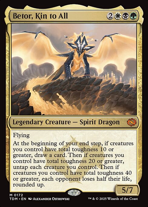 Flying
At the beginning of your end step, if creatures you control have total toughness 10 or greater, draw a card. Then if creatures you control have total toughness 20 or greater, untap each creature you control. Then if creatures you control have total toughness 40 or greater, each opponent loses half their life, rounded up.