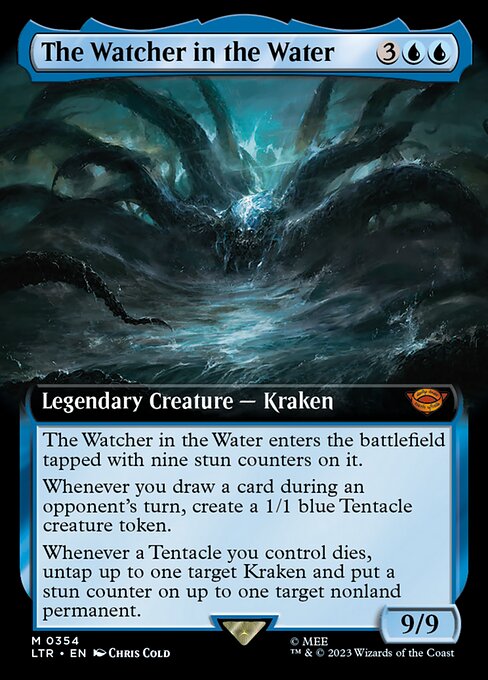 The Watcher in the Water enters the battlefield tapped with nine stun counters on it. (If a permanent with a stun counter would become untapped, remove one from it instead.)
Whenever you draw a card during an opponent's turn, create a 1/1 blue Tentacle creature token.
Whenever a Tentacle you control dies, untap up to one target Kraken and put a stun counter on up to one target nonland permanent.