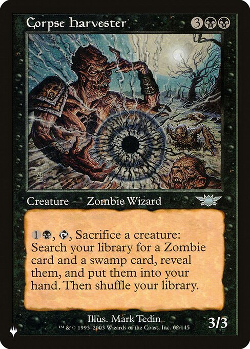 {1}{B}, {T}, Sacrifice a creature: Search your library for a Zombie card and a Swamp card, reveal them, put them into your hand, then shuffle.