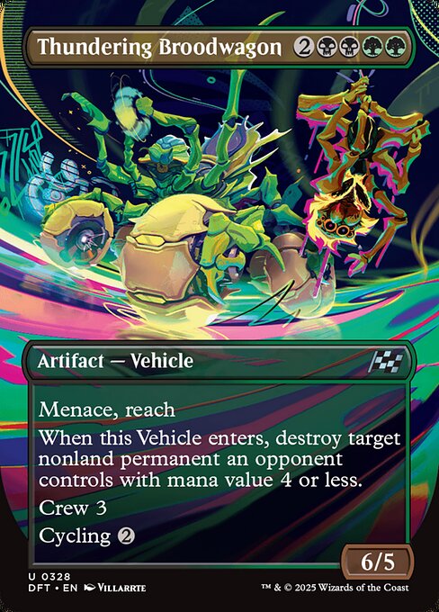 Menace, reach
When this Vehicle enters, destroy target nonland permanent an opponent controls with mana value 4 or less.
Crew 3
Cycling {2} ({2}, Discard this card: Draw a card.)