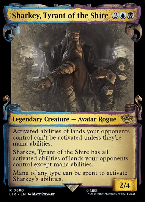 Activated abilities of lands your opponents control can't be activated unless they're mana abilities.
Sharkey, Tyrant of the Shire has all activated abilities of lands your opponents control except mana abilities.
Mana of any type can be spent to activate Sharkey's abilities.
