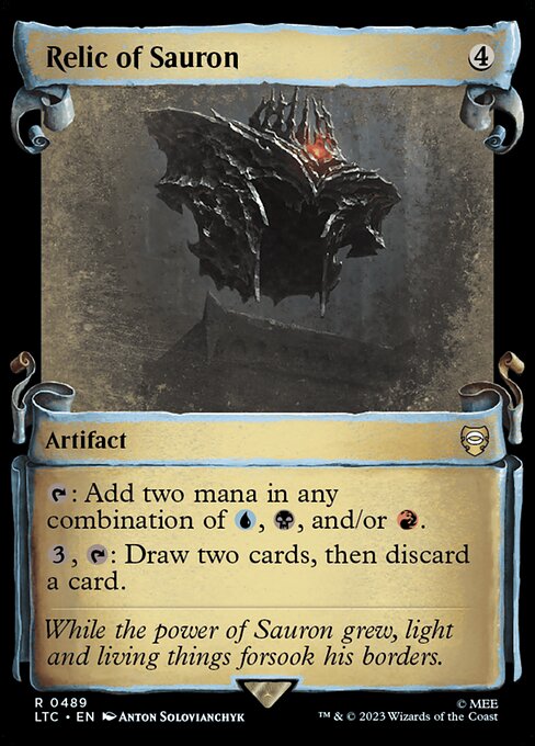 {T}: Add two mana in any combination of {U}, {B}, and/or {R}.
{3}, {T}: Draw two cards, then discard a card.