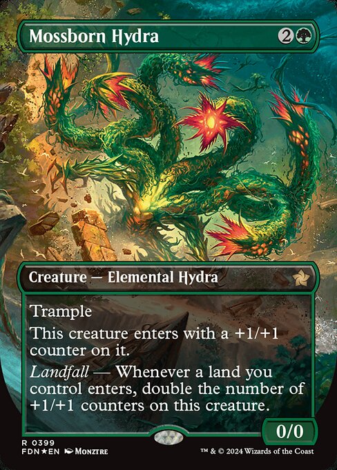 Trample (This creature can deal excess combat damage to the player or planeswalker it's attacking.)
This creature enters with a +1/+1 counter on it.
Landfall — Whenever a land you control enters, double the number of +1/+1 counters on this creature.