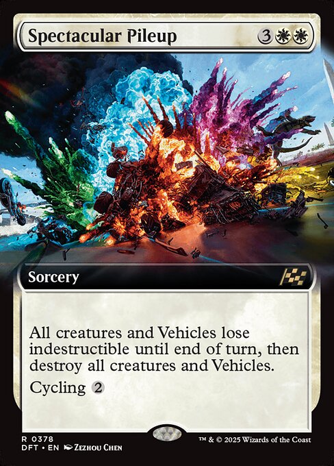 All creatures and Vehicles lose indestructible until end of turn, then destroy all creatures and Vehicles.
Cycling {2} ({2}, Discard this card: Draw a card.)