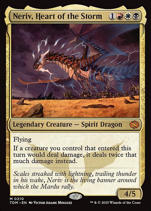 Flying
If a creature you control that entered this turn would deal damage, it deals twice that much damage instead.