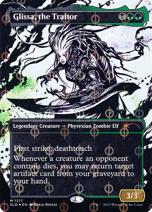 First strike, deathtouch
Whenever a creature an opponent controls dies, you may return target artifact card from your graveyard to your hand.