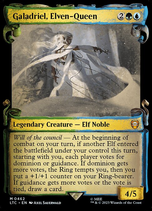 Will of the council — At the beginning of combat on your turn, if another Elf entered the battlefield under your control this turn, starting with you, each player votes for dominion or guidance. If dominion gets more votes, the Ring tempts you, then you put a +1/+1 counter on your Ring-bearer. If guidance gets more votes or the vote is tied, draw a card.