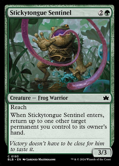 Reach
When Stickytongue Sentinel enters, return up to one other target permanent you control to its owner's hand.