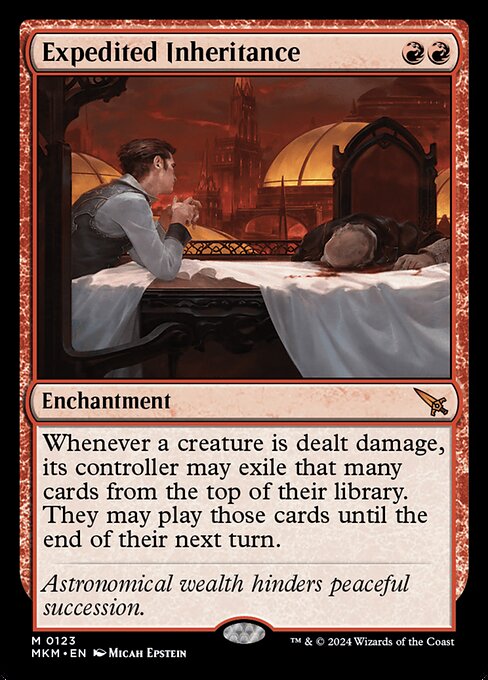 Whenever a creature is dealt damage, its controller may exile that many cards from the top of their library. They may play those cards until the end of their next turn.