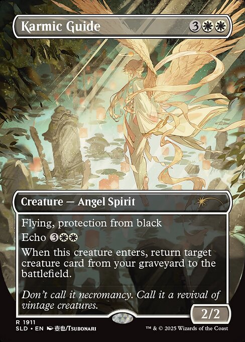Flying, protection from black
Echo {3}{W}{W} (At the beginning of your upkeep, if this came under your control since the beginning of your last upkeep, sacrifice it unless you pay its echo cost.)
When this creature enters, return target creature card from your graveyard to the battlefield.