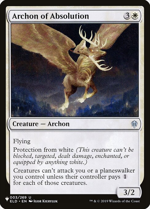 Flying
Protection from white (This creature can't be blocked, targeted, dealt damage, enchanted, or equipped by anything white.)
Creatures can't attack you or planeswalkers you control unless their controller pays {1} for each of those creatures.