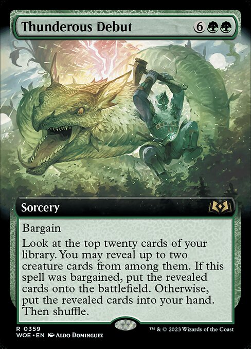 Bargain (You may sacrifice an artifact, enchantment, or token as you cast this spell.)
Look at the top twenty cards of your library. You may reveal up to two creature cards from among them. If this spell was bargained, put the revealed cards onto the battlefield. Otherwise, put the revealed cards into your hand. Then shuffle.