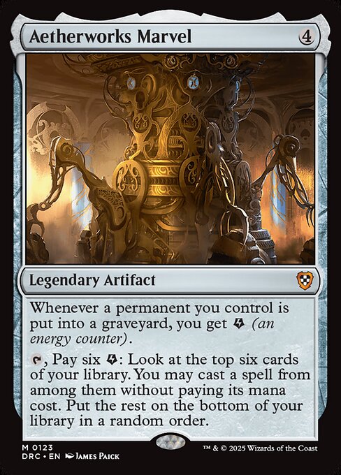 Whenever a permanent you control is put into a graveyard, you get {E} (an energy counter).
{T}, Pay six {E}: Look at the top six cards of your library. You may cast a spell from among them without paying its mana cost. Put the rest on the bottom of your library in a random order.