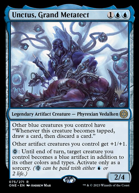 Other blue creatures you control have "Whenever this creature becomes tapped, draw a card, then discard a card."
Other artifact creatures you control get +1/+1.
{U/P}: Until end of turn, target creature you control becomes a blue artifact in addition to its other colors and types. Activate only as a sorcery. ({U/P} can be paid with either {U} or 2 life.)
