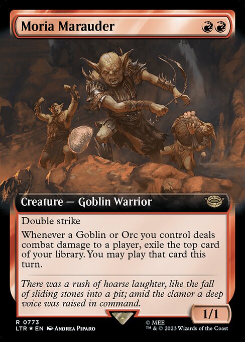 Double strike
Whenever a Goblin or Orc you control deals combat damage to a player, exile the top card of your library. You may play that card this turn.